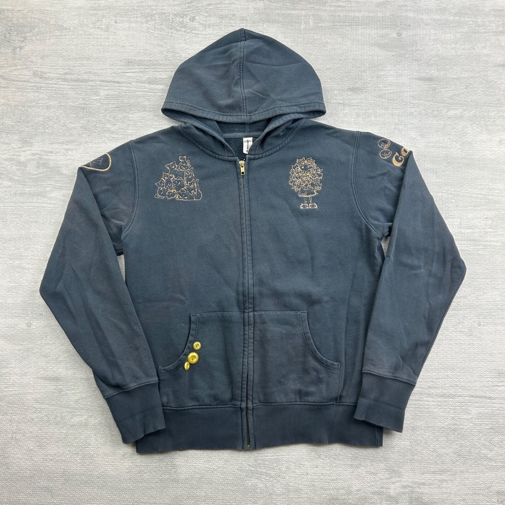 Vintage Cats Sweatshirt Size Small Blue Full Zip‎ Hoodie Embroidered Kitten Boho